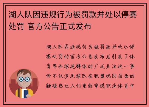 湖人队因违规行为被罚款并处以停赛处罚 官方公告正式发布